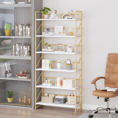 Image of JSB 6 Tier No Assembly Folding Bookshelf, 30.7 inch Wide Foldable Storage Bookcase for Home Office, Space-Saving Storage Shelf for Living Room (White&Gold)