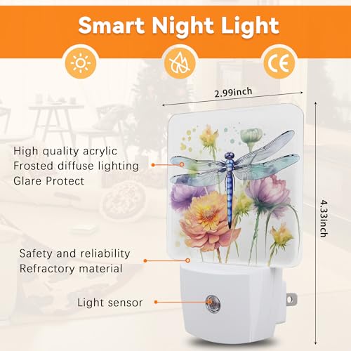 Image of Dragonfly Watercolor Dusk to Dawn Night Light, Auto Sensor Lamp Home Indoor Stairway Kitchen Corridor, Night Lights Plug into Wall Decor, Boys Girls Women Men Room Gifts