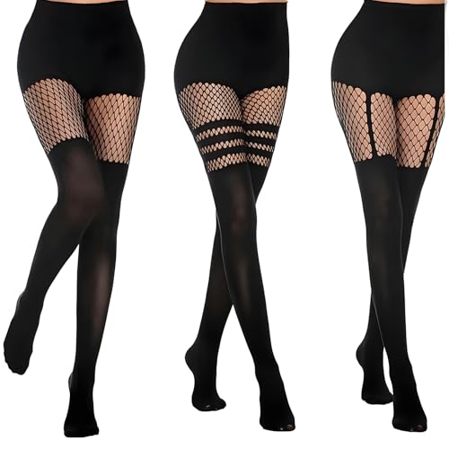 ZHAO GE 3 Paar Netzstrumpfhose Schwarz, Fischnetz Strumpfhose Spitze, Fishnet Tights, Netzstrumpfhose Damen Hohe Taille, Fishnet Stockings für den Alltag, Cosplay, Nachtclub, Schwarz, One size