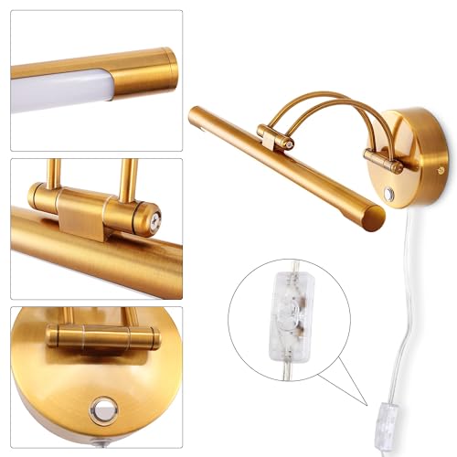 Image of Modern Dimmable Vanity Light Fixtures, Plug-in Rotatable Wall Sconce | 3000K /4500K /6000K Multi CCT Picture Display Wall Mount Lamp 8W 16 Inch(Brass)
