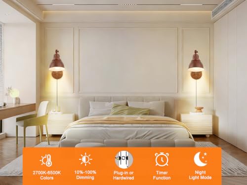 Image of GOODATE 1 Pack Plug in Wall Sconce with Remote Control, Dimming, Adjustable Colors 2700K-6500K, Plug in Wall Light, Swing Arm Wall Lamp with Night Light & Timer, LED Bulb Included, Walnut Finish