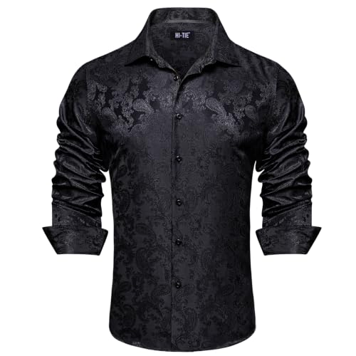 Image of Hi-Tie Men's Silk Satin Shirts Long Sleeve Button Up 70s Shiny Disco Shirt | Mens Satin Silk Shirt, Shiny Luxury Retro Party Prom Wedding Shirt, Nightclub Costume Dress Shirts, 70s Disco Shirt for Men