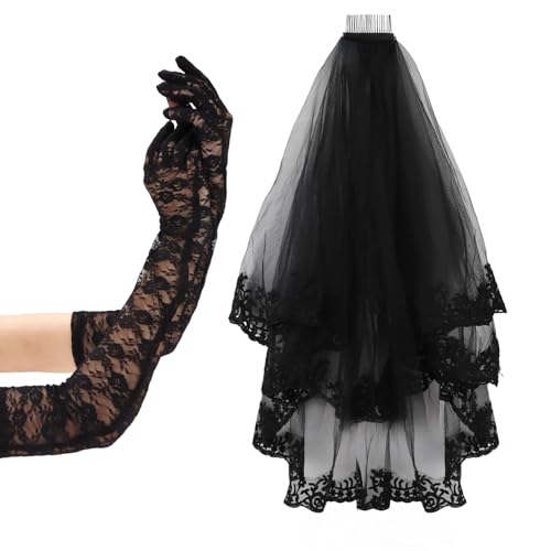 Semato Black Gloves and Black Veils for Women Bride Wedding Halloween Costume Party Accessories2