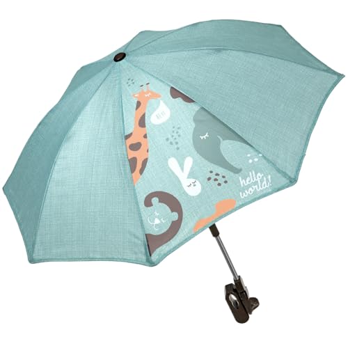 PERLETTI Sombrilla Carro Bebe Universal Anti UV con Animales - Mini Paraguas Cochecito Niño Niña Protección Solar Apertura Manual - Sombrilla Lluvia Carrito Silla de Paseo - Diámetro 70 cm (Verde)