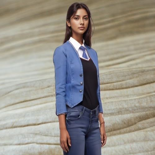 Image of Women's Blue Denim Jacket, 3 /4 Sleeve, Button Front, Cropped Fit, Casual Blazer Style