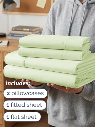 Image of Twin XL 4 Piece Sheet Set - College Dorm Room Essentials - Light Sage | Ultra Soft Dorm Bedding Set, 8 inch to 16 inch Inch Deep Pockets, 1 Flat & 1 Fitted Sheet & 2 Pillowcases, Wrinkle & Fade Free