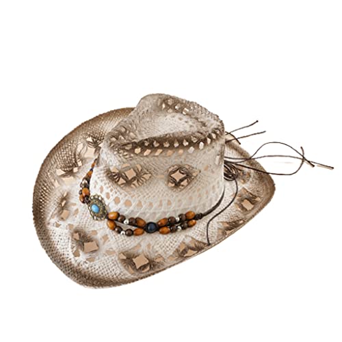 Cowboy hat,Trendy Sunshade Straw Hat Straw Hat Bead Western Sunhat for Couples Boys Girls Youth