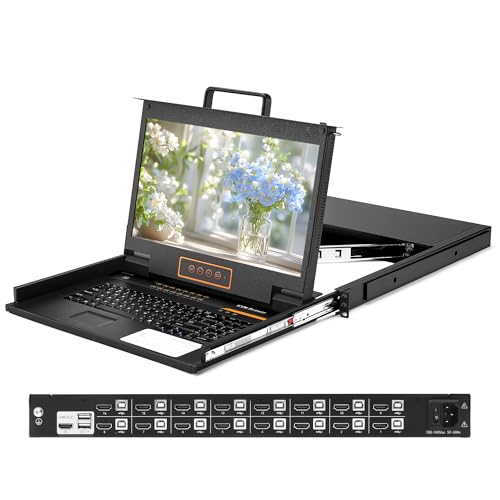 Image of Rack Mount KVM w /17.3 inch LCD Monitor, 16-Port HDMI KVM Switch, 1080@60Hz 1U Integrated Monitor Keyboard, Fits Standard 1U 19 inch Racks, Included 16 USB HDMI KVM Cable, 1 Power Cord, 2 Bracket