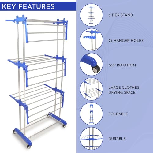 Image of JIALTO Heavy Duty Foldable Clothes Drying Rack for Laundry | 3-Tier Garment Hanger Stand with Wheels | Indoor Outdoor Use | Adjustable Shelves & Arms for Towels, Shirts, Pants