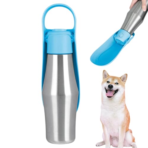 犬の散歩用水ボトル, 子犬用ボウル付き給水器, 750mlステンレス製ポータブル防漏ペット用アウトドア旅行ハイキング保水器