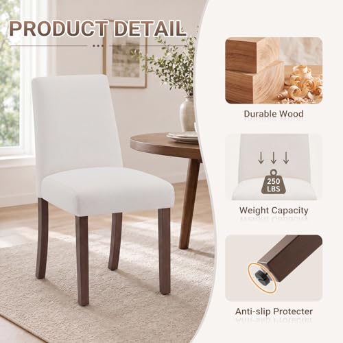 Image of Upholstered Dining Chairs Set of 4, Mid-Century Dining Room Chairs with Wooden Legs, Farmhouse Fabric Parsons Chairs for Small Space Restaurant & Cafe- Light Beige