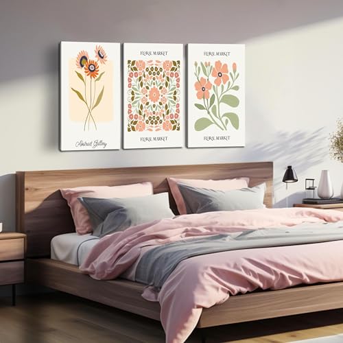 Image of SKYRISE 3 PCS Boho Floral Canvas Wall Art, Rustic Botanical Canvas Paintings Prints ArtWork for Living Room, Vintage Flower Pictures for Farmhouse Dining Room Hallway Bedroom Wall Decor 16 inchx24 inch