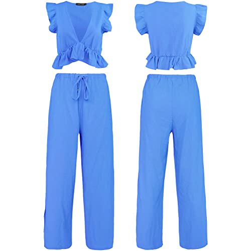 Fancyinn Womens 2 Pieces Outfits Deep V Neck Crop Top Side Slit Drawstring Wide Leg Pants Set Jumpsuits Sky Blue S #TOP4