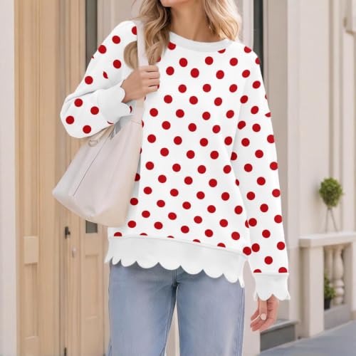 Crew Neck Sweatshirts Women Polka Dot Cotton Scalloped Hem Comfy Pullover - image 3