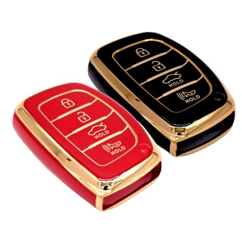 Image of KMH TPU Car Smart Key Cover Compatible for Hyundai Alcazar Creta Venue i20 Tucson Elantra, 4 Push Button Smart Key Shell Case Holder, Pack of 2 (Black & Red Gold)