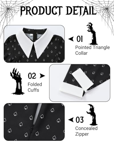 Wednesday Kostüm Mädchen Schwarz Kleid mit Motiv-Druck, Gothic Halloween Addams Famile Kinderkostüm mit Bubikragen, Perücke & Zubehör-Set, Kniestrümpfe, Kette, Haarspange A051S