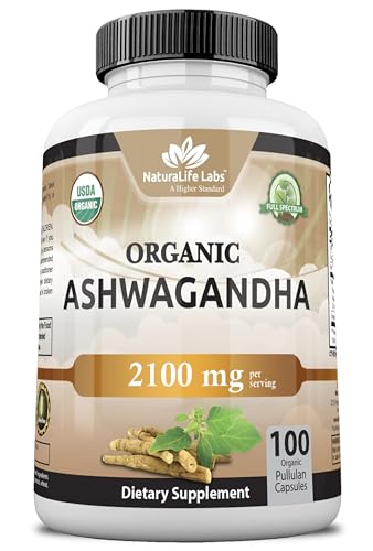 Organic Ashwagandha 2,100 mg - 100 Veggie Capsules Pure Organic Ashwagandha Powder and Root Extract - Stress Relief, Mood Enhancer