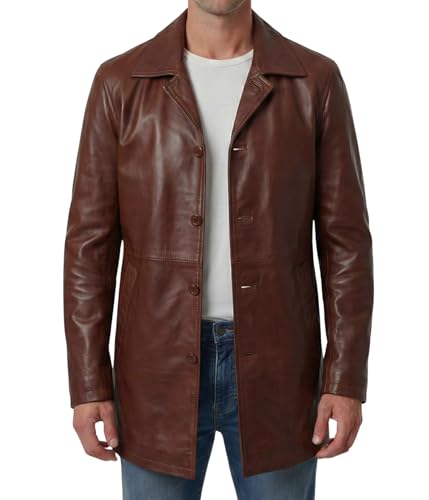 Image of Decrum Mens Leather Car Coat Mid Length Long Jacket | 100% Real Lambskin Leather, Polyester Lined, Point Collar, Button Closure, Inside Pockets