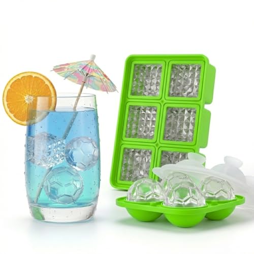 Image of Premium Combo of Large 3D Crystal Square Ice Cube Tray & Football Shaped Silicone Molds for Chilling Drinks, Chocolates, Juice, Jelly and Many More. Pack of 2 (Light Green)