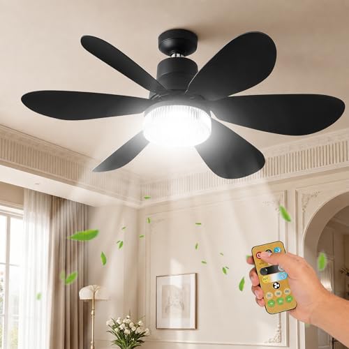 Ventilador de Techo con Luz y Mando a Distancia, 52cm LED Lampara Ventilador Techo Pequeño con 40W E27 Lampara, 3 Temperaturas de Color, 3 Velocidades, Temporizador, Apto para Dormitorio (Negro)