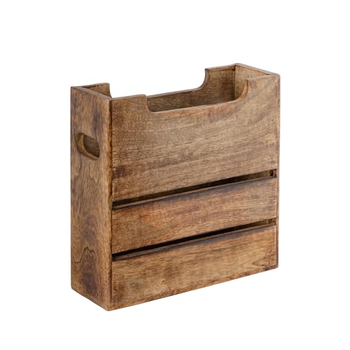 Mie Creations Wooden Magazine Holder Rack with Handle, Decorative Magazine Storage Basket for File, Folder, Books, Newspaper | Rustic Brown Magazine Bin Display Stand, Office Desk Organizer 10-inch