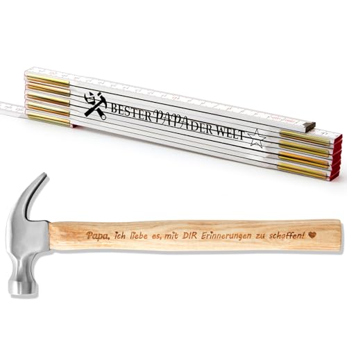 SATINIOR Bester Papa Geschenkset Zollstock Holz Gliedermaßstab Holzhammer mit Gravur Klauenhammer aus Holz Geschenk mit Geschenkbox für Papa Opa Väter Weihnachten Geburtstag