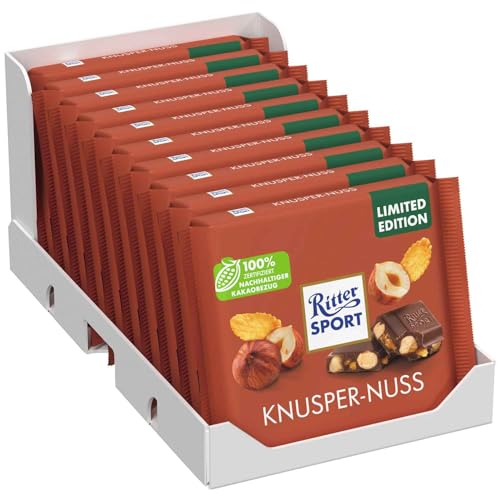 Ritter Sport Nuts & Flakes - Tableta de chocolate con leche con avellanas tostadas enteras y copos de maíz, cacao 100% certificado sostenible, 10 unidades de 100 g
