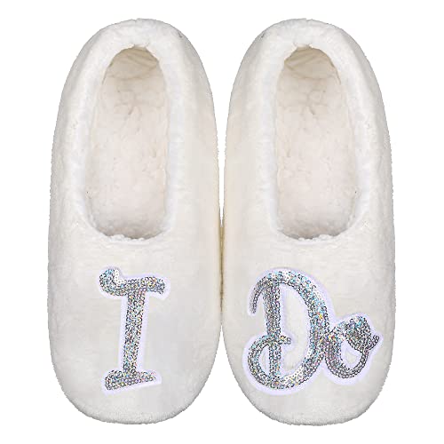 ZYZX Womens Wedding Slipper Socks/Fuzzy White Sequin Bling Metallic Shine Sofe Sole House Slippers/Non Slip Bride Gifts Socks with Grippers