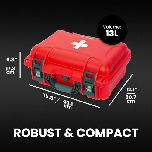 Image of NANUK 915 Waterproof First Aid Box Empty - Durable, Medical First Aid Organizer Case, IP67-Rated, Dustproof, Impact-Resistant, and Floats (13.8 inch x 9.3 inch x 6.2 inch) - Red | IP67 Waterproof and Dustproof, Nk-7 Resin, Interior 13.8 X 9.3 X 6.2 in, Powerclaw Latches, Pressure-Release Valve, Floats