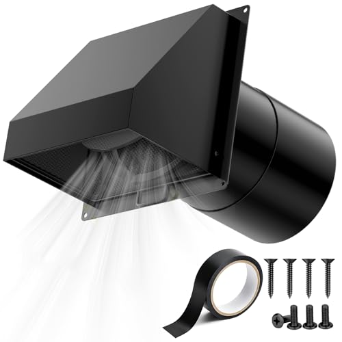 HG Power 6 Inch Hooded Wall Vent with Magnetic Damper and Removable Mesh Screen Heavy Duty Galvanized Steel Exhaust Vent for Bathroom Kitchen Range Hood Laundry Adjustable Sleeve Black
