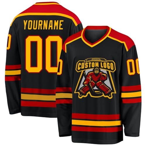 Personalized Hockey Jersey, Hockey Jerseys for Men, Hockey Jersey. Custom Black Gold-Red Hockey Jersey, Custom Hockey Jersey, Hockey Gifts for Men, Hockey Gifts, Gifts for Hockey Lovers