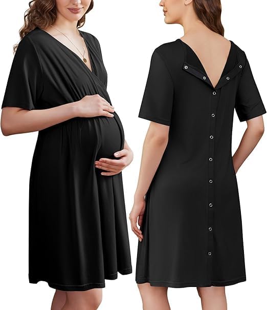 ELESOL Labor and Delivery Gown for Hospital Short Sleeve Maternity Nursing Dress Nightgown with Button S-XXL