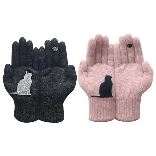 Gloves Women Cat Gloves 2 Pairs Thermal Gloves Cotton Cat and Bird Print Cute Gloves for Couples Free Size Casual Fashionable Outdoor Knitted Winter Gloves, Style1 + Black