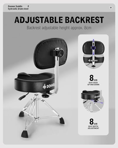 Donner Drum Throne with Backrest, Heavy Duty Hydraulic Drum Stool Height Adjustable Motorcycle Style Drum Seat Saddle Drum Throne for Adults Drummers (Black) - image 2