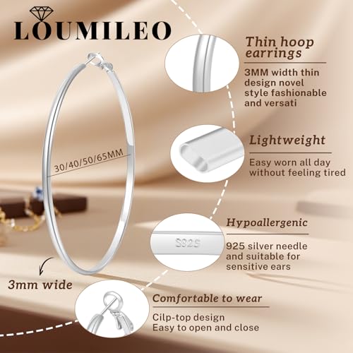 LOUMILEO 3mm Thin 925 Sterling Silver & 14k Gold Hoop Earrings Large Silver Hoop Earrings for Women Hypoallergenic Lightweight Hoops Earrings for Women 30/40/50/65MM3