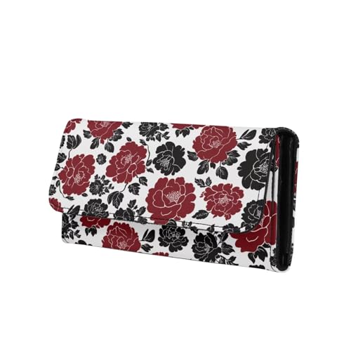 Red Camellia Flowers Slim Clutch Wallets for Women Billfold Wallets Purse, Drawing Floral Money Organizer PU Leather Credit Card Holder with ID Window