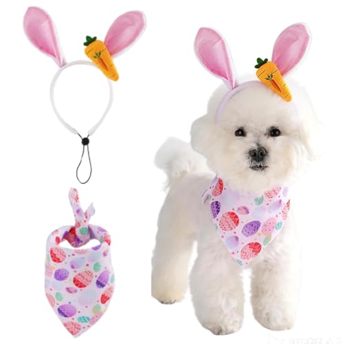 JAAQUCD Dog Easter Costume Pet Bunny Ears Headband and Egg Bandanas Set Puppy Easter Outfit Dog Rabbit Accessories Clothes for Small Medium Large Dog (Pink Medium)