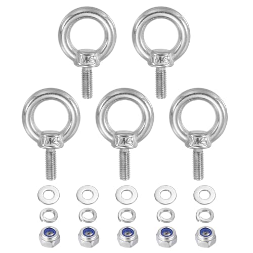 PATIKIL M4 x 10mm Lifting Shoulder Eye Bolt, 5Pcs 304 Stainless Steel Lifting Ring Threaded Eyebolt with Nuts Washers for Hanging Hammocks Articles