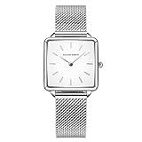 Relojes de Cuarzo Mujeres Dial Cuadrado Casual Business Reloj de Pulsera de Malla de Acero Inoxidable Rose Gold/Silver (Silver)