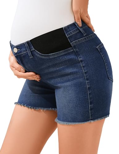Image of PACBREEZE Women's Maternity Mid-Rise Stretch Denim Shorts Trendy Soft Frayed Hem Pregnancy Shorts, S-XXL