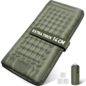 Flaow Isomatte Camping, 14CM Verbreitert und verdickt Aufblasbare Matratze mit Eingebauter Fußpresse Pumpe & Kissen, Wasserdicht, Anti-Ripstop Schlafmatte für Wandern, Strand, Reisen, Zelt(Grün)