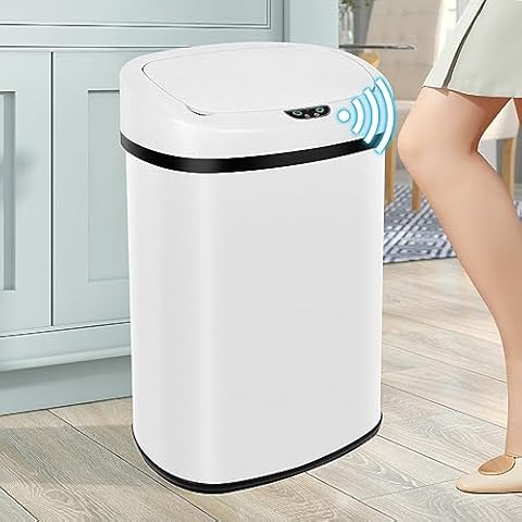 BLKMTY 13-Gallon Kitchen Trash Can 50L Stainless Steel Garbage Can Automatic Touch Free Garbage Bin Motion Sensor Trash Can with Lid Metal Waste Bin for Office Tall Trash Bin Touchless, White Cover