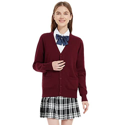 Image of Blostirno Women's Cardigan School Uniform Sweater Cardigans V-Neck Long Sleeve Button Down Knit with Pockets
