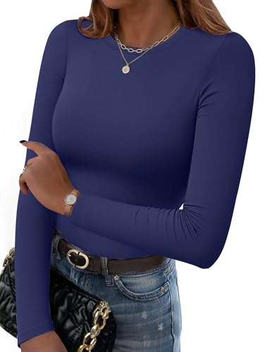 HOTOUCH Ladies Long Sleeve Tops Slim Fit Basic T-Shirts Crew Neck Thermal Shirts Stretchy Solid Color Tunic Tee Navy M
