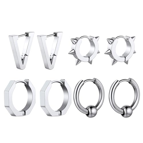 ChainsHouse Stud Earrings for Men Women,316L Stainless Steel/14K Gold/Black Plated Metal, Punk Hypoallergenic Surgical Huggie Hoop Earrings Mens Jewelry Piercing Hoop Earrings F: Silver-Diff