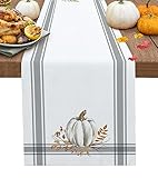 Picture of Fall Table Runners 108 Inch Thanksgiving Decorations White Pumpkin Leaf Branch Runners for Dining Tables Gray Stripes Autumn Dinner Runner Kitchen Parties Decor