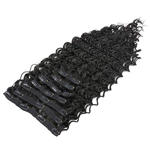 Synthetic Curly Clip in Hair Extensions Double Weft Full Head Deep Wave Hair Pieces Heat Resistance Thick Deep Wave Clip In 7 Pieces(24inches, #1B Natural Black)