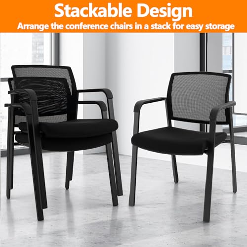 Image of CLATINA Guest Reception Stacking No Wheels Desk Chair, Mesh Back Waiting Room Chairs with Arm Upholstered Fabric Seat and Ergonomic Lumbar Support for Office Conference School Church, Black (2 Pack)