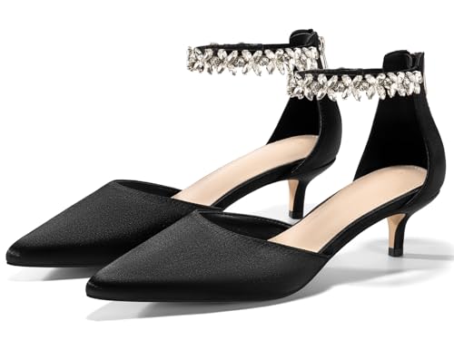Image of Women's Wedding Rhinestones Low Kitten Heels Pumps Pointed Toe Dress Evening Shoes for Women Bridal Bride, Black, Size 7.5