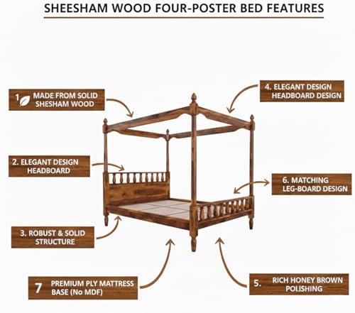 Image of Solid Sheesham Wood Poster Bed Without Storage Wooden Double Bed for Bedroom Living Room Home (Honey, King Size (72 x 78 Inches))